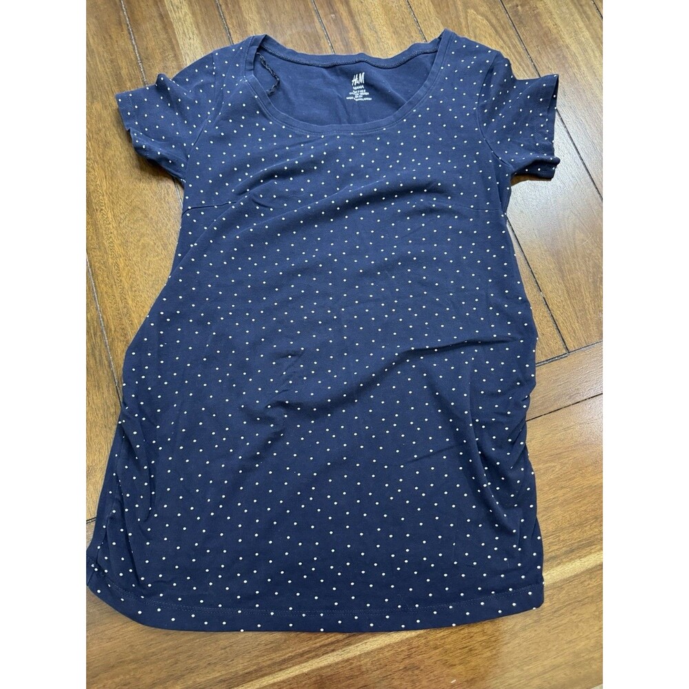 H&M MAMA Navy Blue Polka Dot Maternity Top Short Sleeve Ruched Side Sz S / CH